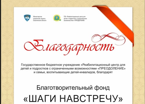 Благодарственное письмо фонду от ГБУ Реабилитационного центра для детей и подростков с ограниченными возможностями 