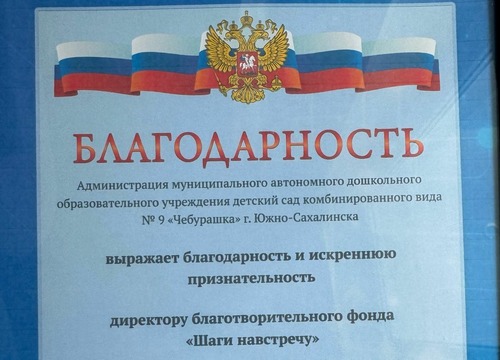 Благодарственное письмо от МАДОУ №9 