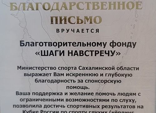 Благодарственное письмо от Министерства спорта Сахалинской области. Кубок России по спорту глухих (кёрлинг смешанные пары).