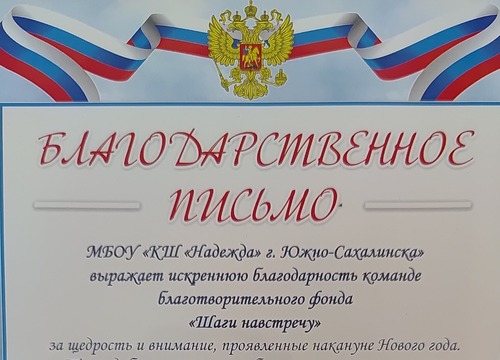 Благодарственное письмо от МБОУ КОРРЕКЦИОННАЯ ШКОЛА 